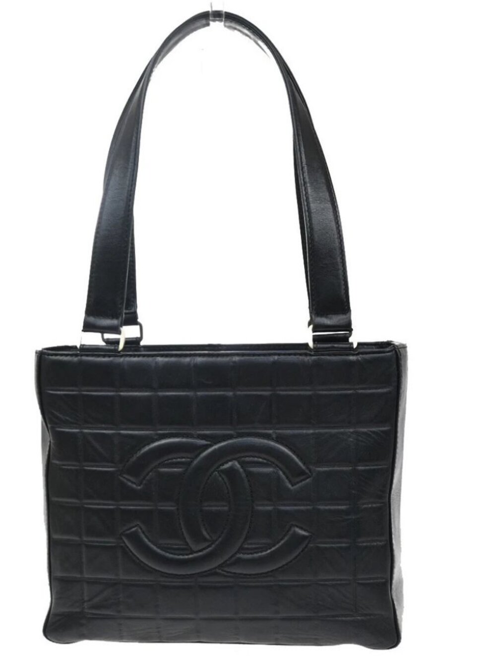 CHANEL CC Logo Chocolate Bar Shoulder Tote Bag Leather Black France